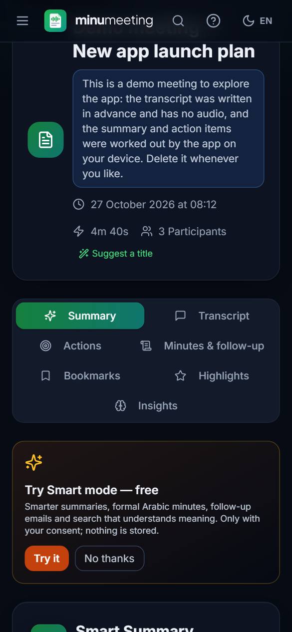 A meeting page: summary, action items and decisions next to the transcript